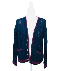 Vintage Sears Grandma Knit Cardigan Sweater Navy Blue and Maroon Retro Cutesy